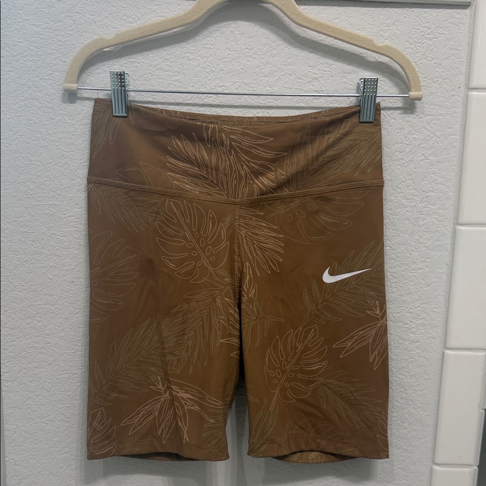 Nike Women’s Brown Leaf-Print Bike Shorts with White Swoosh